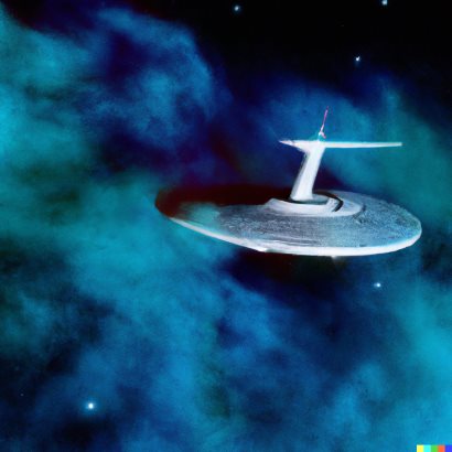 Star Trek Enterprise in a gaseous nebula in photo-realistic style – edited